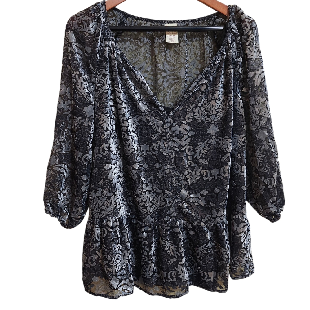 Black Velvet Burnout Top Sheer Metallic Silver Floral Peplum Size Large 12-14
